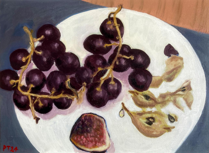 Grapes, fig, apple. 16”x12” Oil on board - £400